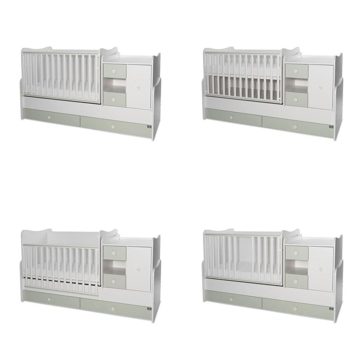 BABYBETT Mini Max 3 in 1 grün 120 x 60 cm, Jugendbett 190 x 72 cm, Wickelkommode, Schaukelfunktion - Grün, Holzwerkstoff (72/190cm) - Lorelli