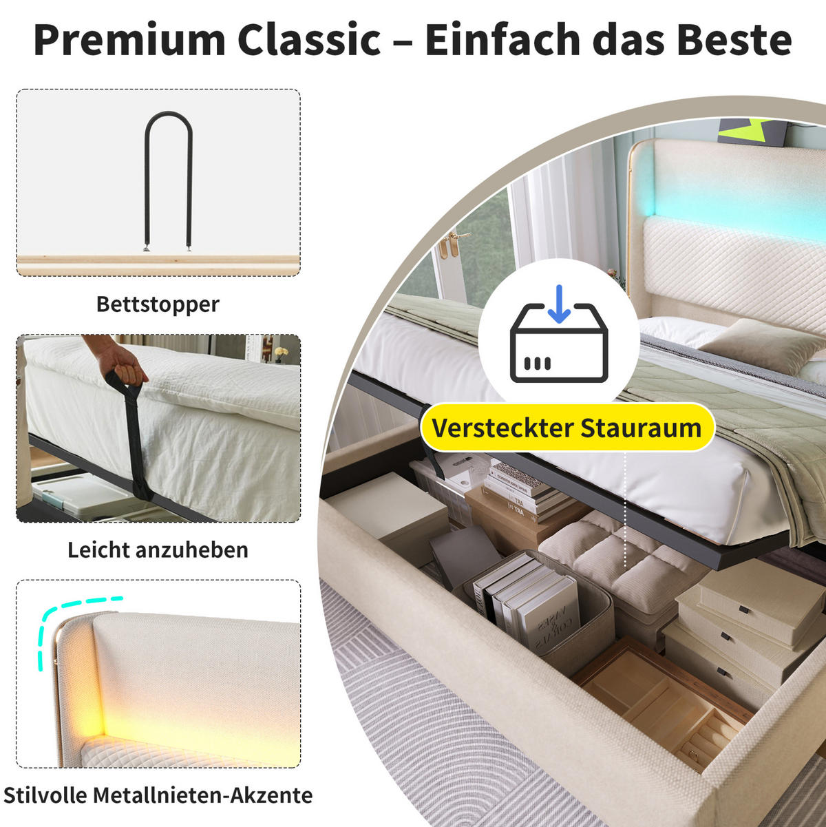 POLSTERBETT 160/200 cm mit Bettkasten, LED-Beleuchtung und gepolstertem Kopfteil - Beige, Textil (160/200cm) - BEAOK