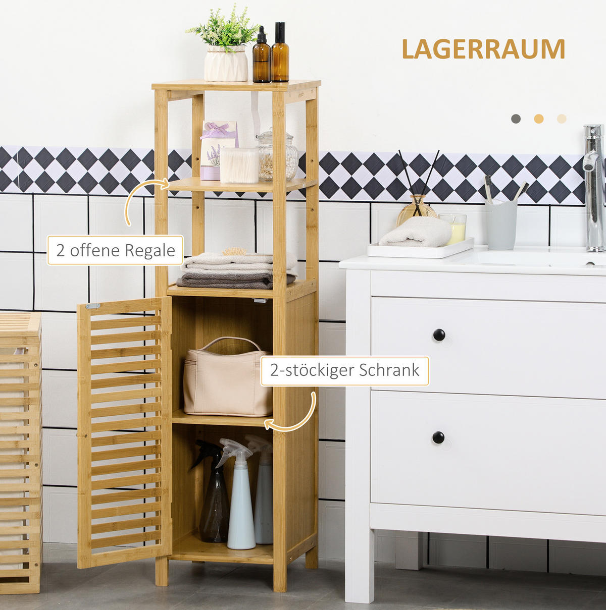 BADEZIMMER Kommode 32.9x29.9x120 cm Natur aus Bambus mit Lamellentür & verstellbaren Ablagen - Naturfarben, Naturmaterialien (32.9/120/29.9cm) - Modfu
