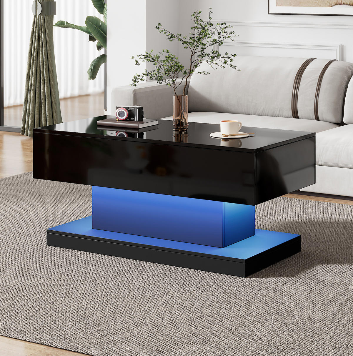 COUCHTISCH 100/50/45 cm schwarz mit hydraulischem Lift und LED-Beleuchtung - Schwarz, Holzwerkstoff (100/50/45cm) - OKWISH