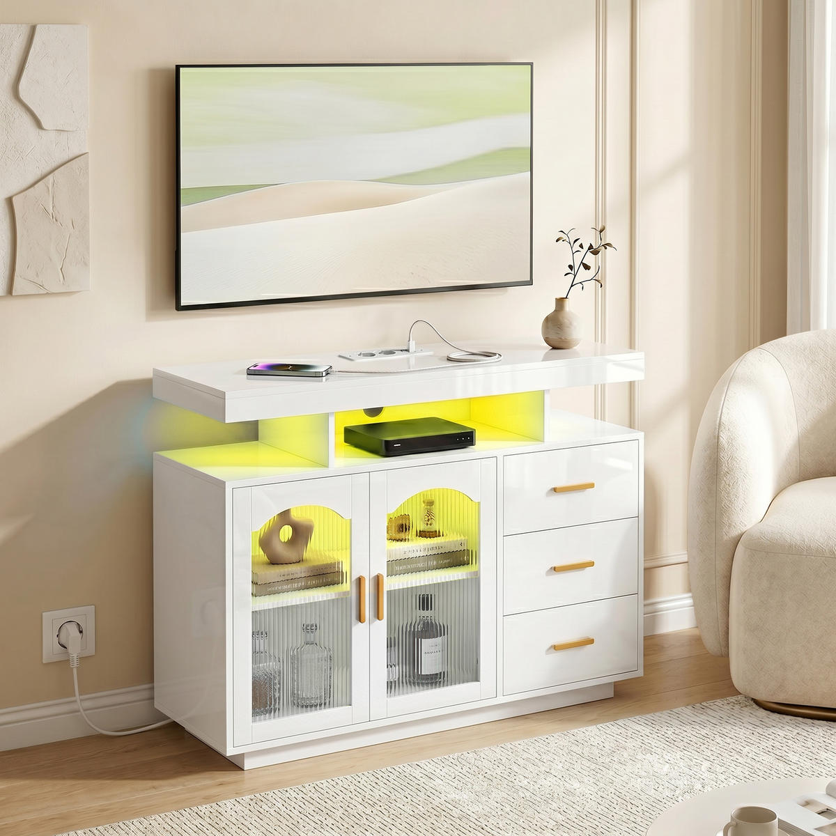SIDEBOARD MDF Weiß - Weiß Hochglanz/Goldfarben, Holzwerkstoff/Metall (35/80/100cm) - HOMCOM