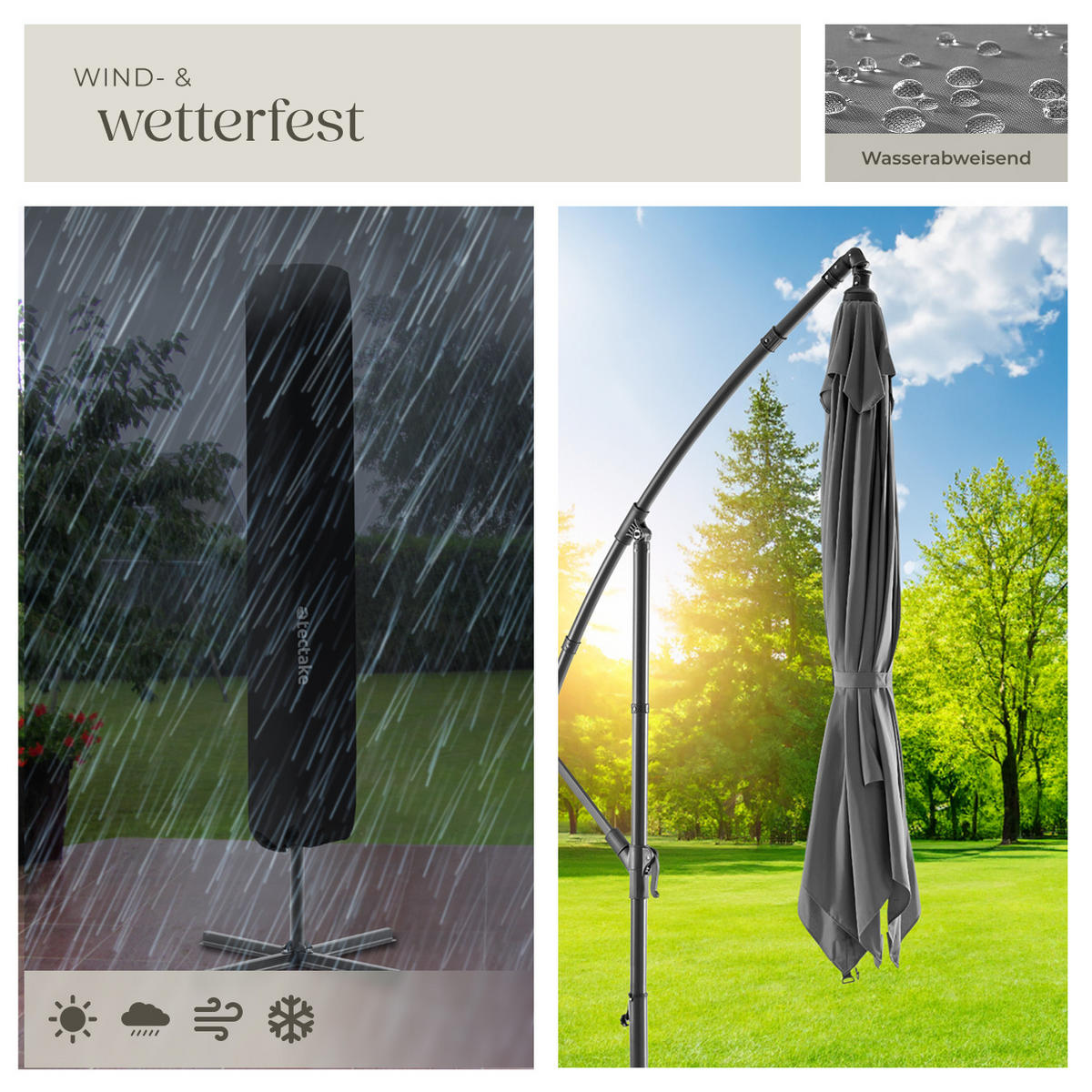 SONNENSCHIRM Apollon,inkl. Windsicherung und Schutzhülle,hellgrau - Hellgrau, Kunststoff (250/300cm) - tectake