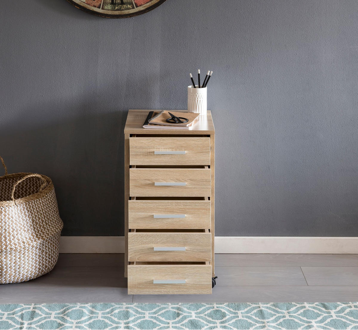 SCHUBLADENSCHRANK Holz 5 Schubladen Mit Rollen ITTER, Beige 33x38x63 cm - Beige/Schwarz, Holz/Kunststoff (33/63/38cm) - KADIMA DESIGN