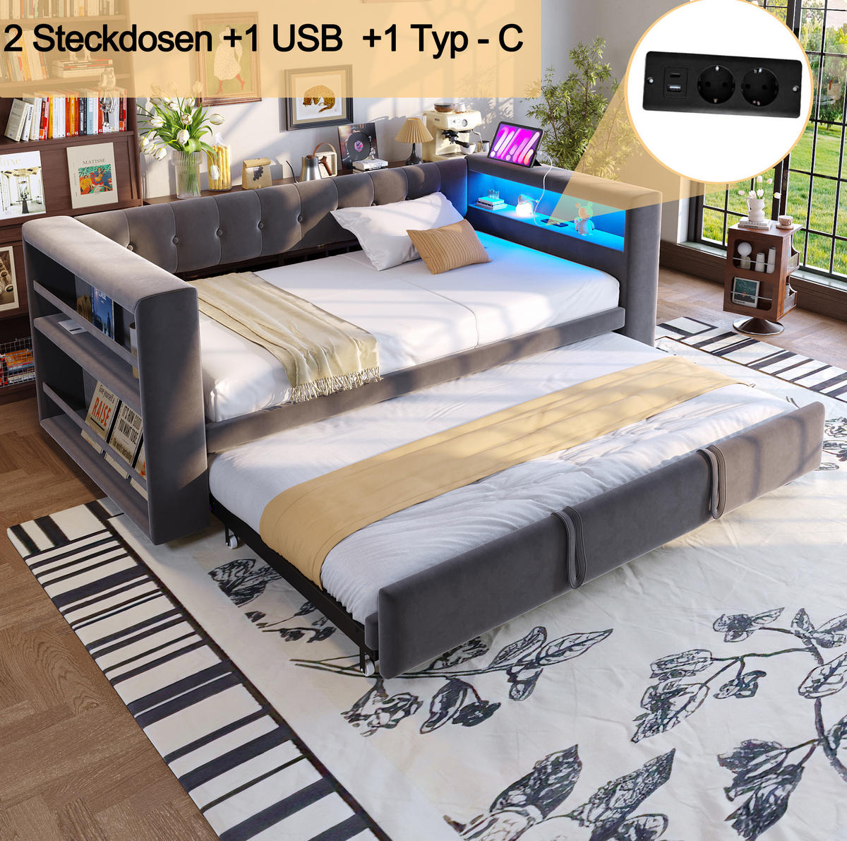 POLSTERBETT 90/180/190 cm aus Flannelette mit LED und Steckdose, Dunkelgrau - Dunkelgrau, Textil (90/190cm) - OKMYHOME