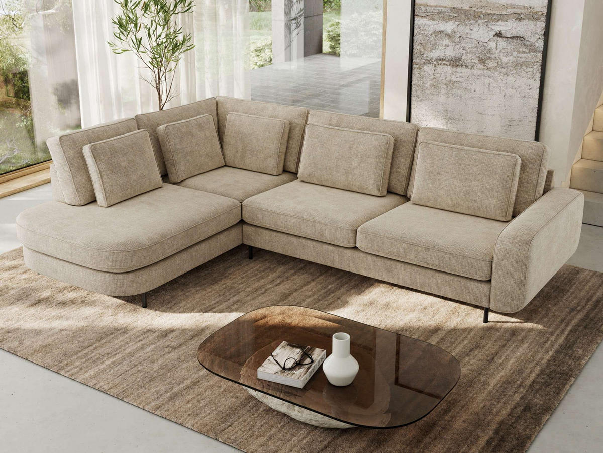 ROHOVÁ SEDAČKA CALENO L - Béžová hladký senil - Pravá Strana - černá/béžová, kov/textil (317/225cm) - MKS