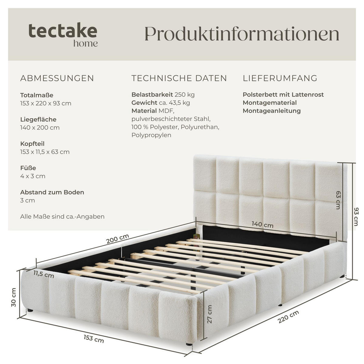 POLSTERBETT Shirley, Belastbarkeit 250 kg, Teddy creme - Creme, Holz (140/200cm) - tectake