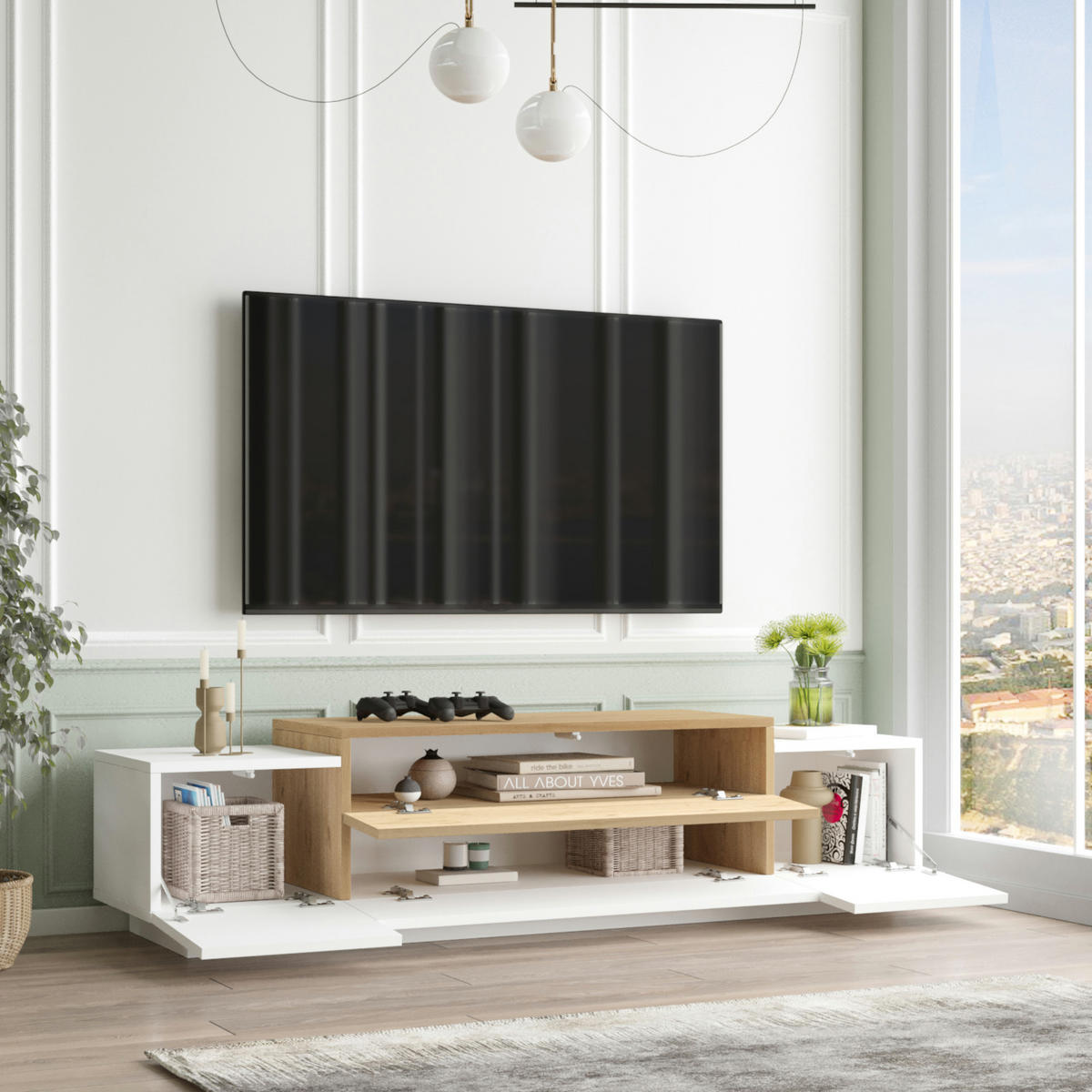 FERNSEHSCHRANK Firås - Eichefarben/Weiß, Holzwerkstoff (37.5/39/160cm) - [en.casa]