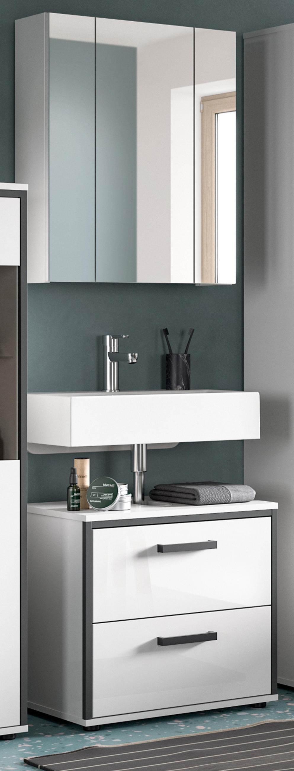 BADMÖBEL-SET 2-teilig weiß Hochglanz, grau, Badkombination 60 x 190 cm - Weiß Hochglanz/Schwarz, Glas/Holzwerkstoff (60/190/37.5cm) - Inn.Furn