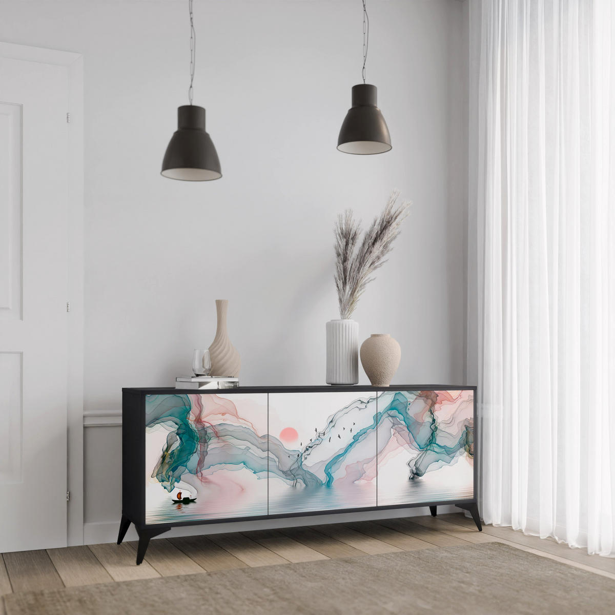 SIDEBOARD VELVET CROSSING, Graue Oberfläche, 164,5x42x72,5 cm, 3 Türen - Schwarz/Grau, Holzwerkstoff/Metall (164.5/72.5/42cm) - SpaceRebels