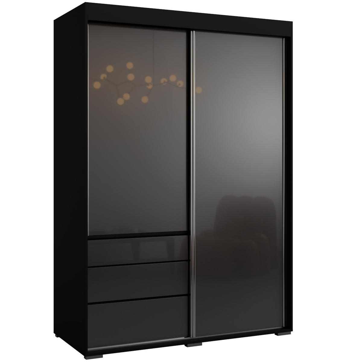 SCHIEBETÜRENSCHRANK mit Schubladen Torino 2D 140 Schwarz (Lacobel) - Silberfarben/Schwarz, Holzwerkstoff/Metall (140/204/65cm) - mzm24