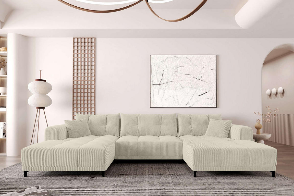 WOHNLANDSCHAFT Massimo Cordstoff Greige inkl. Schlaffunktion - Greige/Schwarz, Textil/Metall (356/94/181cm) - 99rooms