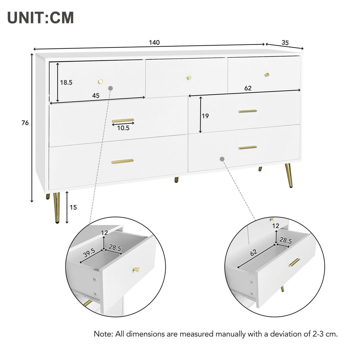 SIDEBOARD mit 6 Schubladen und Goldenen Akzenten, 140/35/76cm - Weiß, Holzwerkstoff/Metall (140/76/35cm) - Urban Meuble