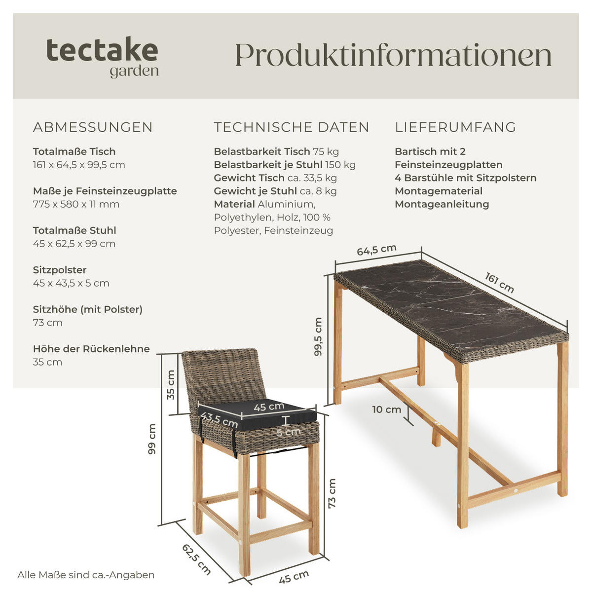 GARTENTISCH Lovas mit 4 Stühlen Latina, Beine aus Holz, natur - Naturfarben, Kunststoff - tectake