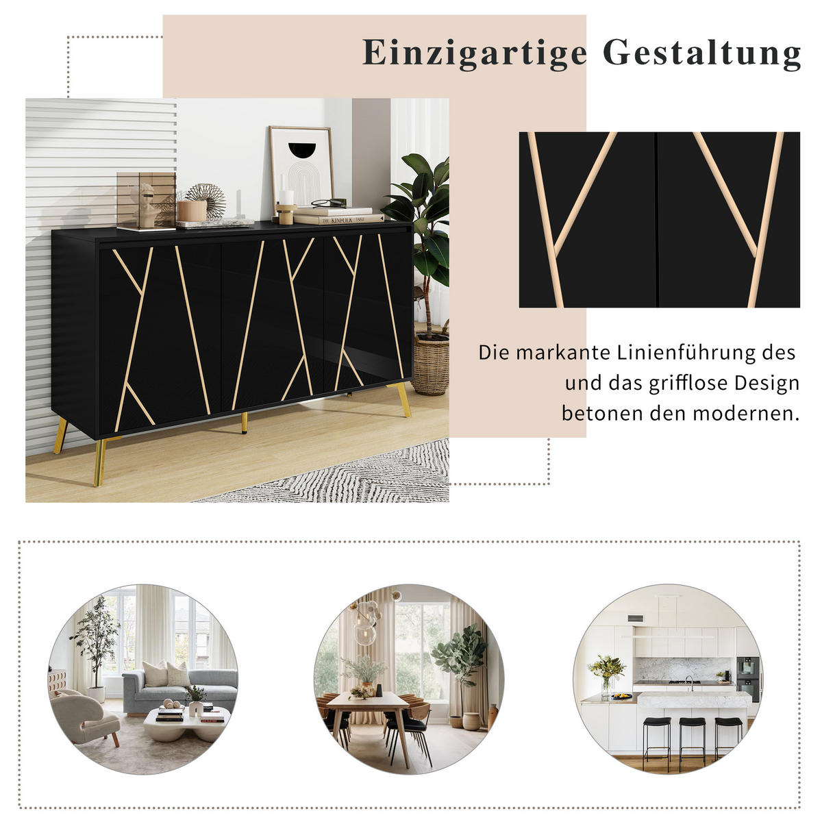 SIDEBOARD Schwarz Gold - Schwarz, Holzwerkstoff (140/80/40cm) - Urban Meuble