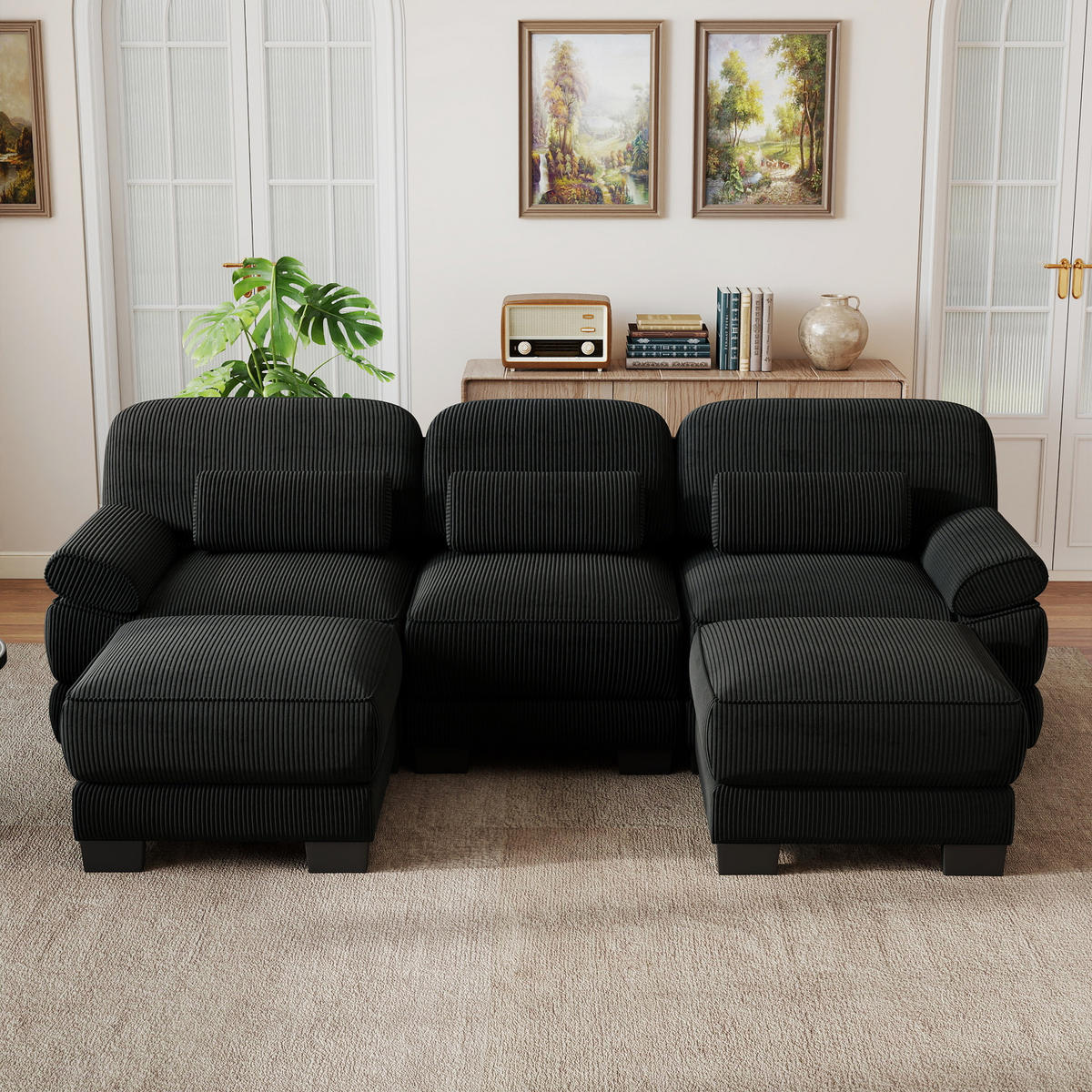 WOHNLANDSCHAFT 3-Sitzer U-Form mit 2 Hockern, DE-42659, Schwarz - Schwarz, Holz (265/94/161cm) - ComfortXL