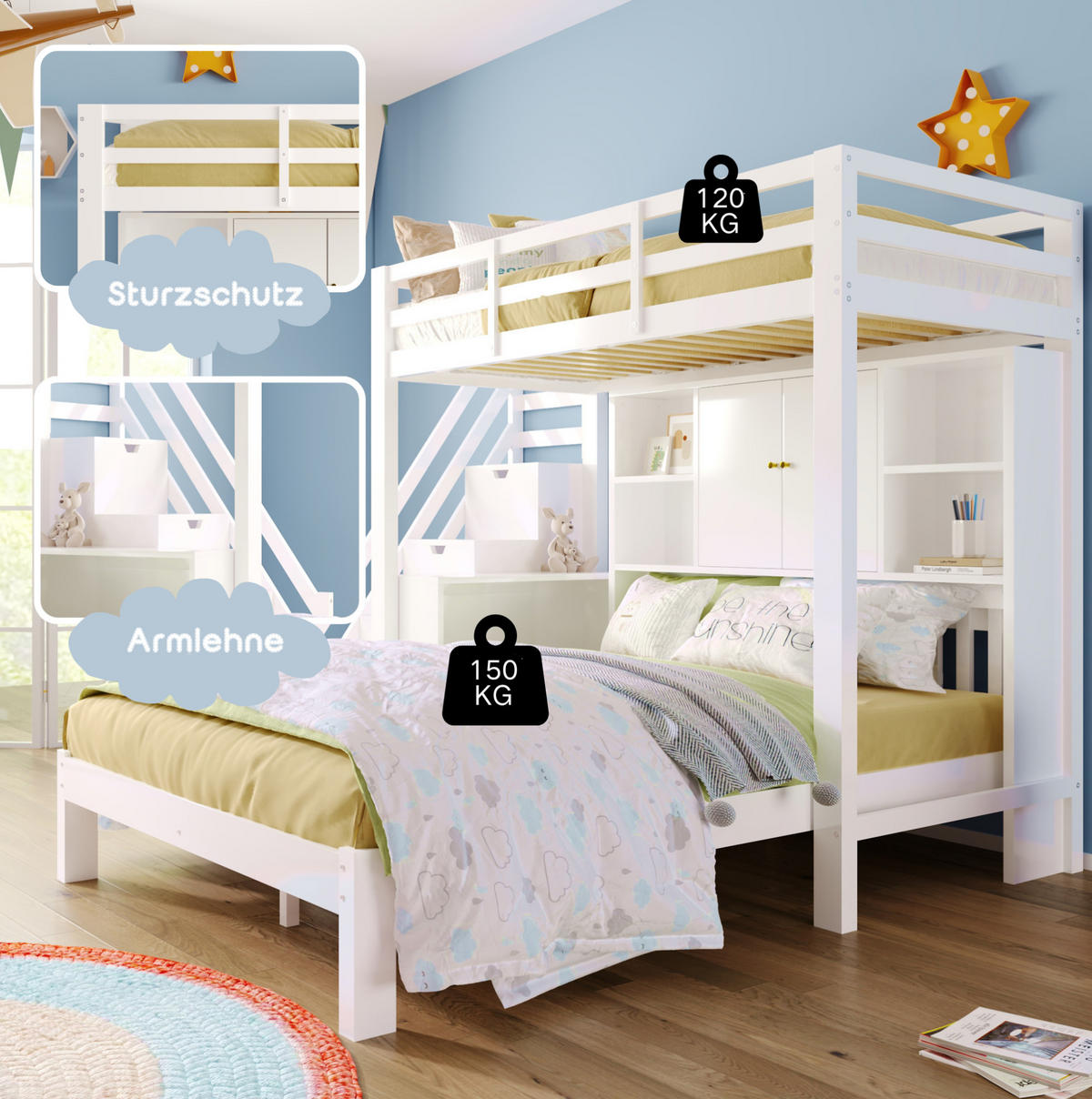 POSCHODOVÁ posteľ 90/200 a 140/200 cm biela s úložnými schodmi a stolíkom z masívneho dreva a MDF - biela, drevo (90/200cm) - OKWISH