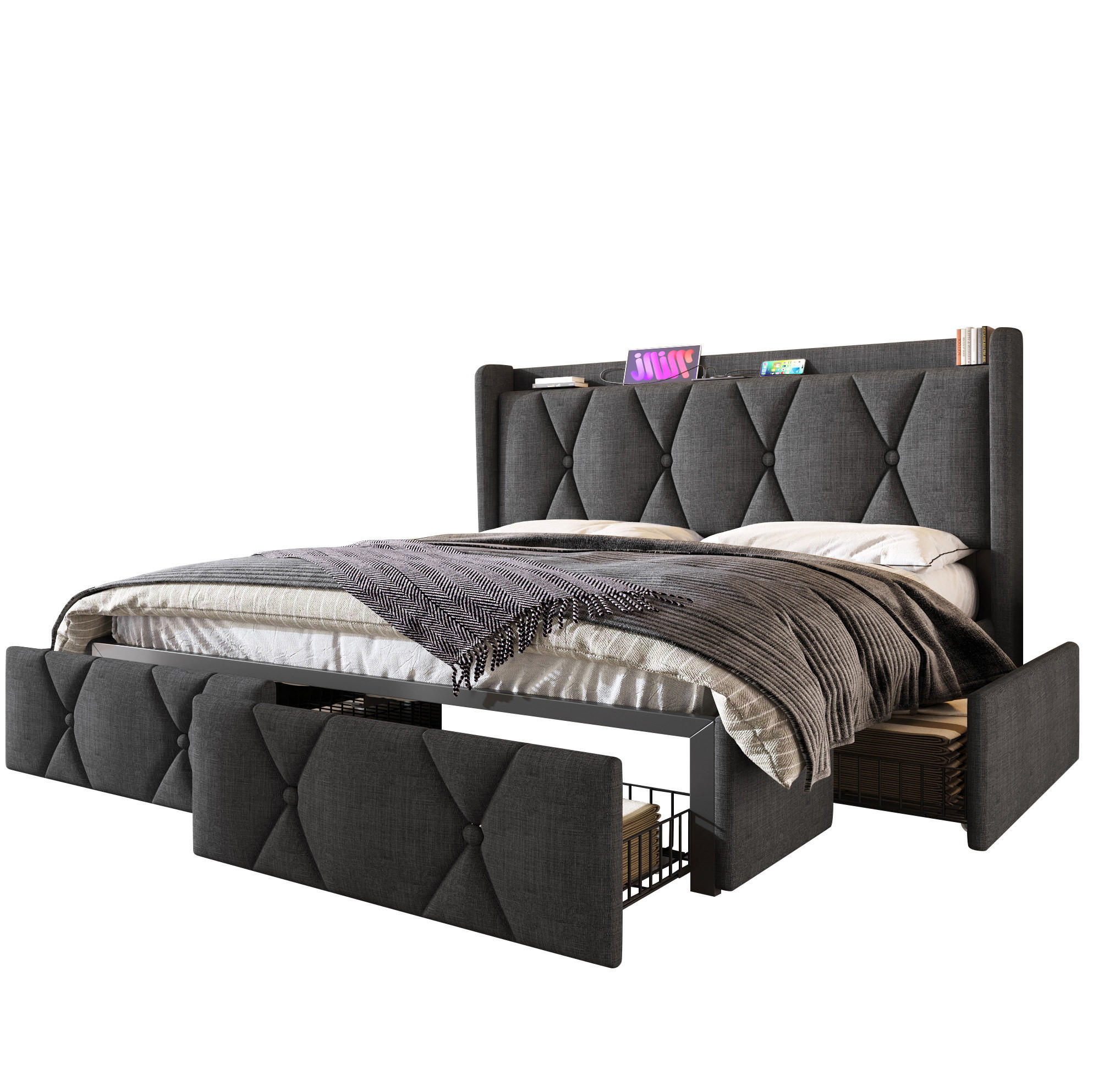 Modfu ČALOUNĚNÁ postel z lněné tkaniny 140x200 cm šedá s USB, zásuvkami a 4 zásuvkami