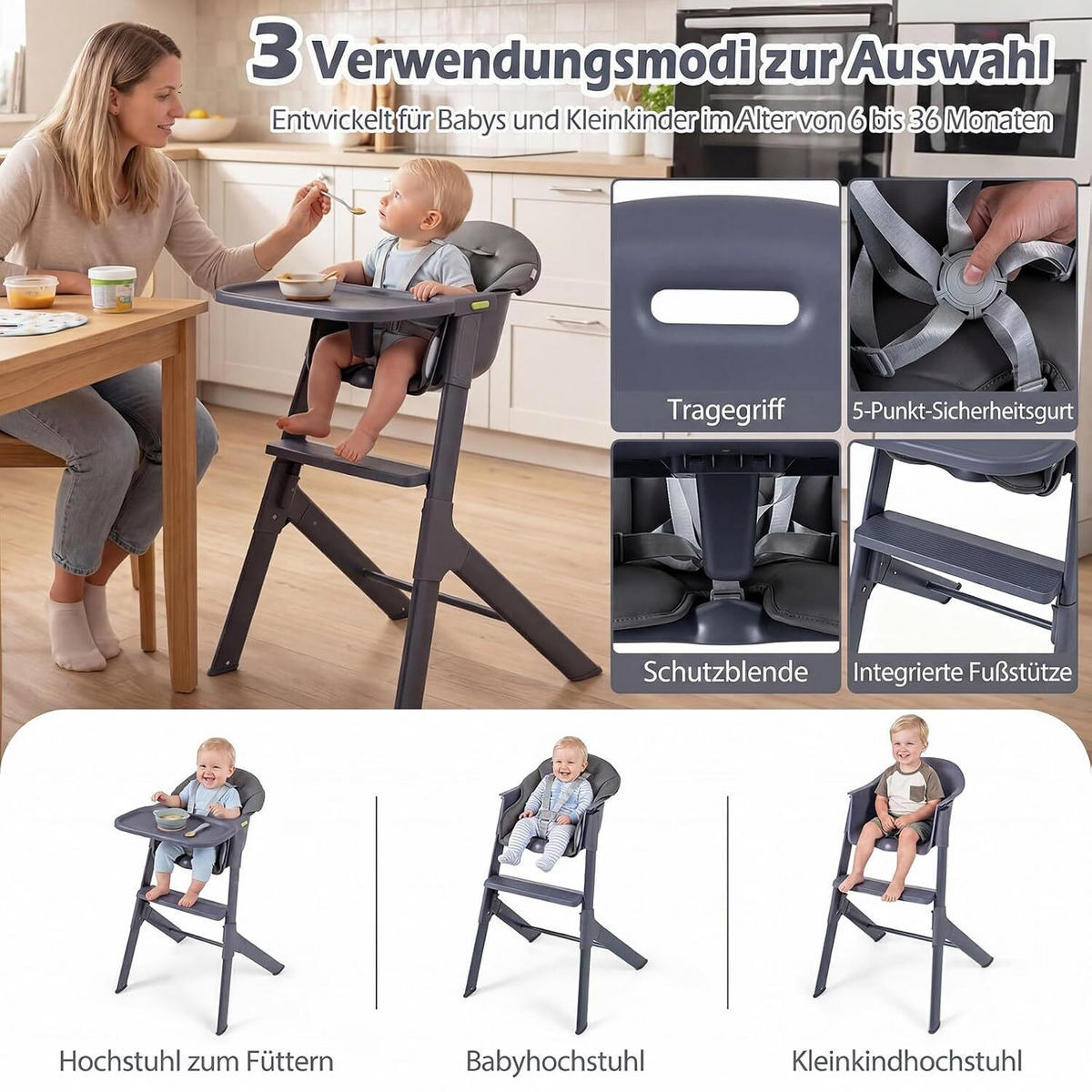 KINDERHOCHSTUHL mit verstellbarem Tablett grau - Grau, Metall (66/90/55cm) - COSTWAY