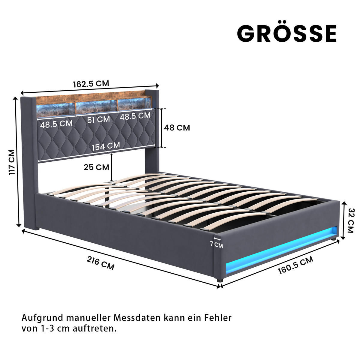 POLSTERBETT 160/200 cm in Grau Samt mit Bettkasten, LED-Beleuchtung und USB-Anschluss - Grau, Holzwerkstoff/Textil (160/200cm) - CHICFURN