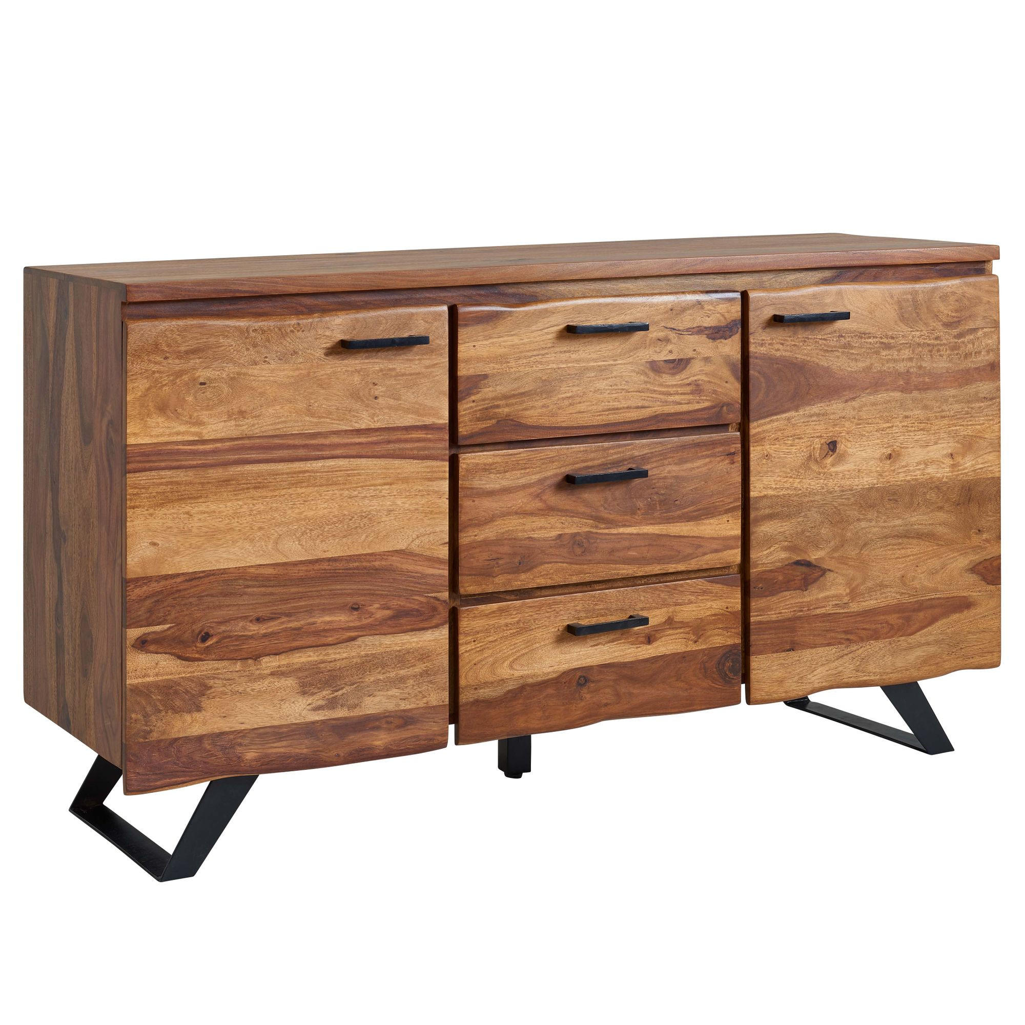 SIDEBOARD – Massivholz, 145x82x45 cm, mit Baumkante, Metallgestell - Schwarz/Braun, Holz/Metall (145/82/45cm) - KADIMA DESIGN
