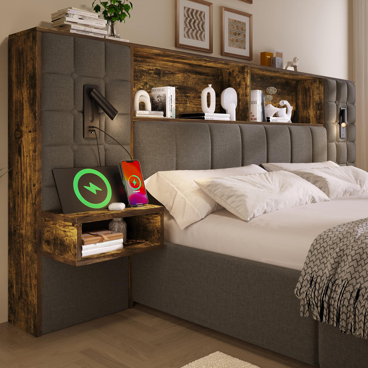POLSTERBETT 160/200 cm in Grau mit Stauraum, LED, Leselampen, Nachttischen und USB/Type-C - Grau, Holzwerkstoff/Textil (160/200cm) - WISHDOR