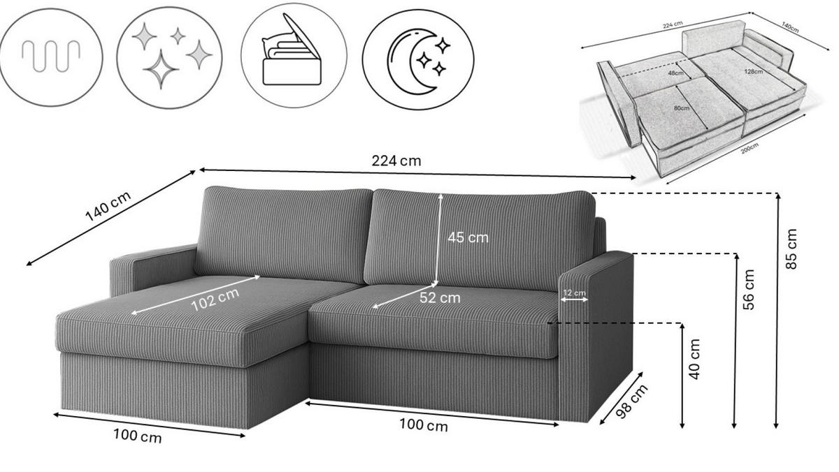 ECKSOFA Mit Schlaffunktion Und Bettzeugablage LUBEKA Stoff Poso Silber Links - Silberfarben, Holz/Textil (140/147cm) - Kaiser Möbel