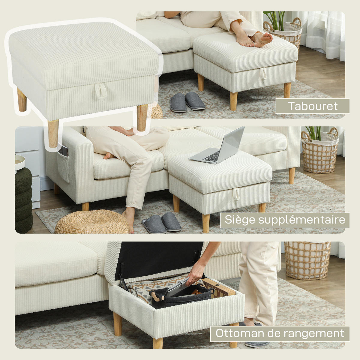 SOFA, 3-Sitzer, Cordbezug, Fußstütze, gepolstert, beige, 192x138x85cm - Multicolor, Holzwerkstoff (192/85/138cm) - FORIOUS
