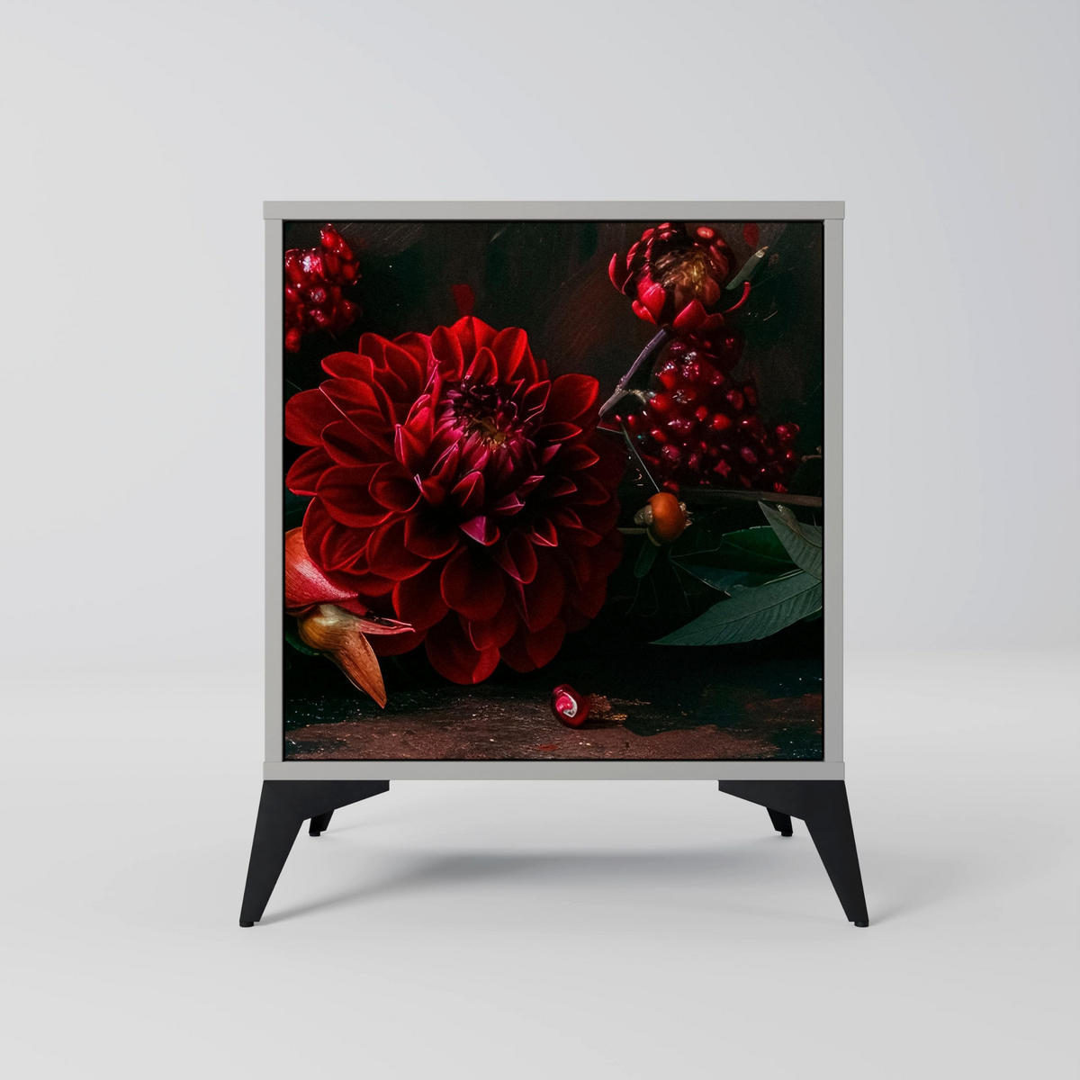 SIDEBOARD DAHLIAS AND POMEGRANATES, Grau, 57,5x42x77,5 cm, Schräge Buchenholzfüße - Buchefarben/Multicolor, Holzwerkstoff/Buchenholz (57.5/77.5/42cm) - SpaceRebels