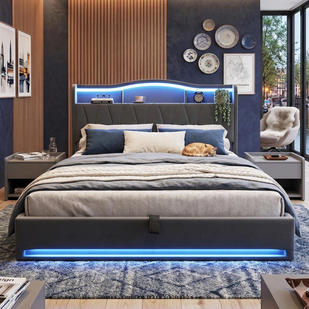 POLSTERBETT Rhombus 140/200 cm mit Bettkasten & App-LED Samtoptik Grau - Grau, Textil (140/200cm) - Creahappy
