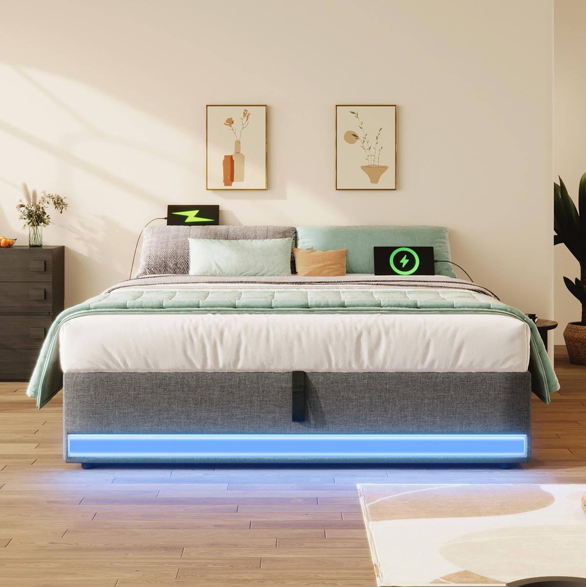 POLSTERBETT mit LED-Beleuchtung 140/200 cm mit Bettkasten, USB und Typ-C, Grau - Grau, Textil (140/200cm) - BEAOK