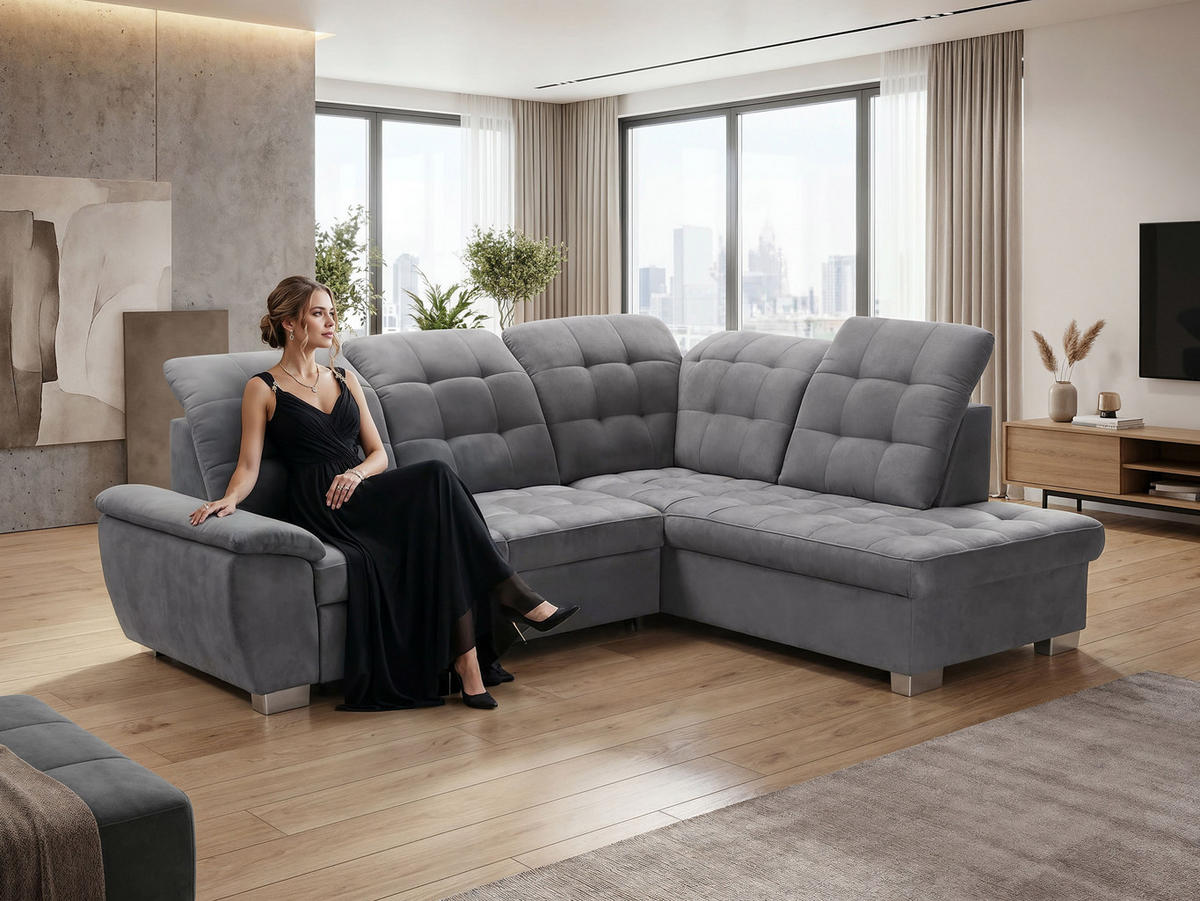 ECKSOFA LENO Rechts, mit Schlaffunktion und Bettkasten, Grau - Grau, Kunststoff/Textil (261/220cm) - Idohome