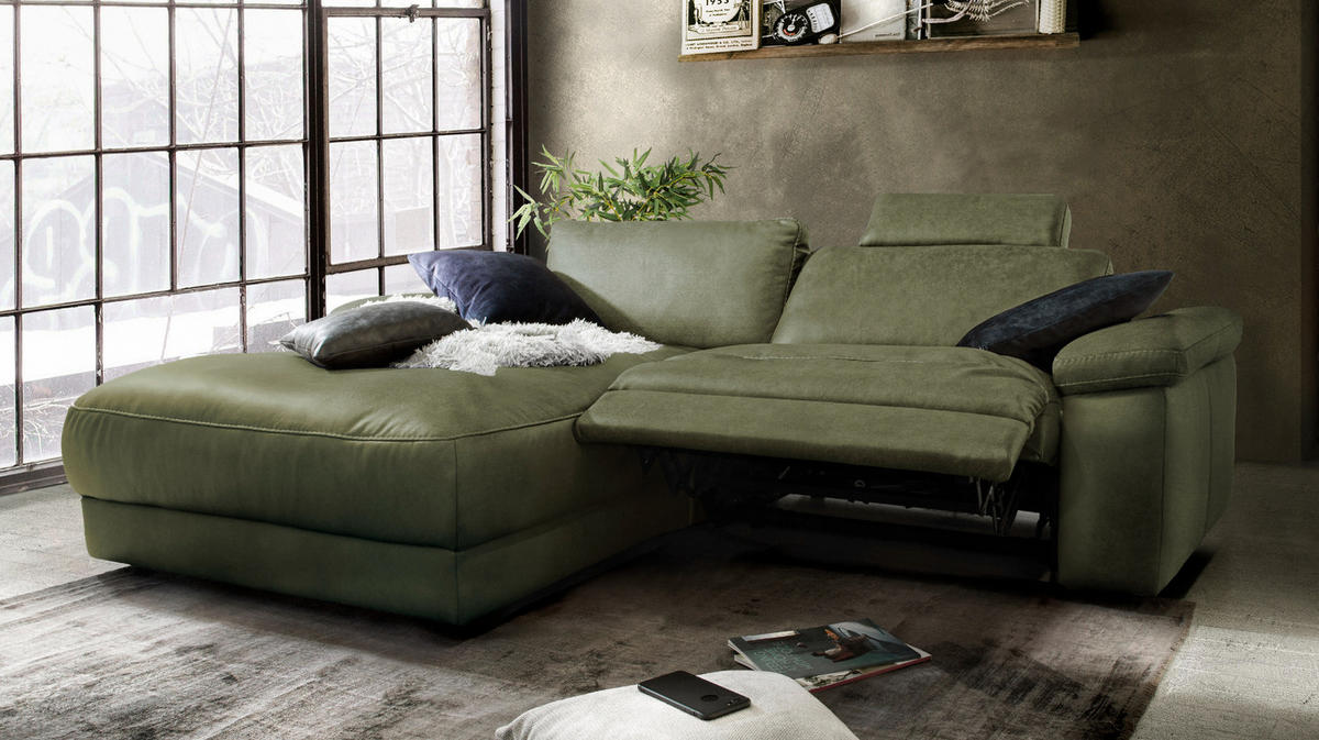 ECKSOFA MOTORISCH. RELAXFUNKTION LOLA Dunkelgrün Webstoff - Dunkelgrün/Schwarz, Textil (233/178cm) - KAWOLA