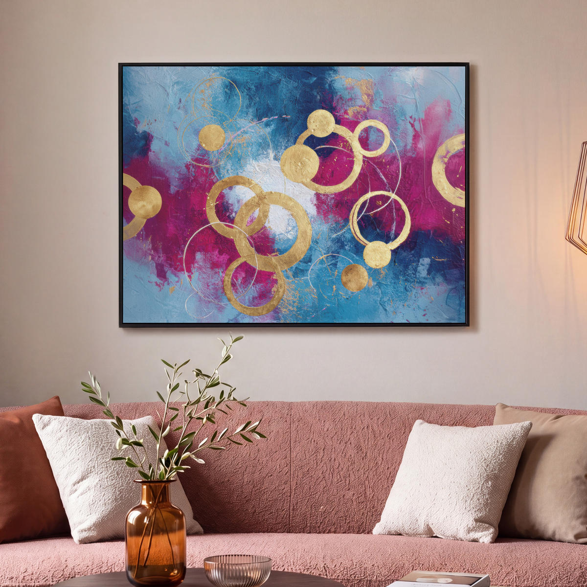 LEINWAND Bilder mit Rahmen - Kreise - Gold - Abstrakt - 100x70 - Blau, Textil (100/70cm) - MuchoWow