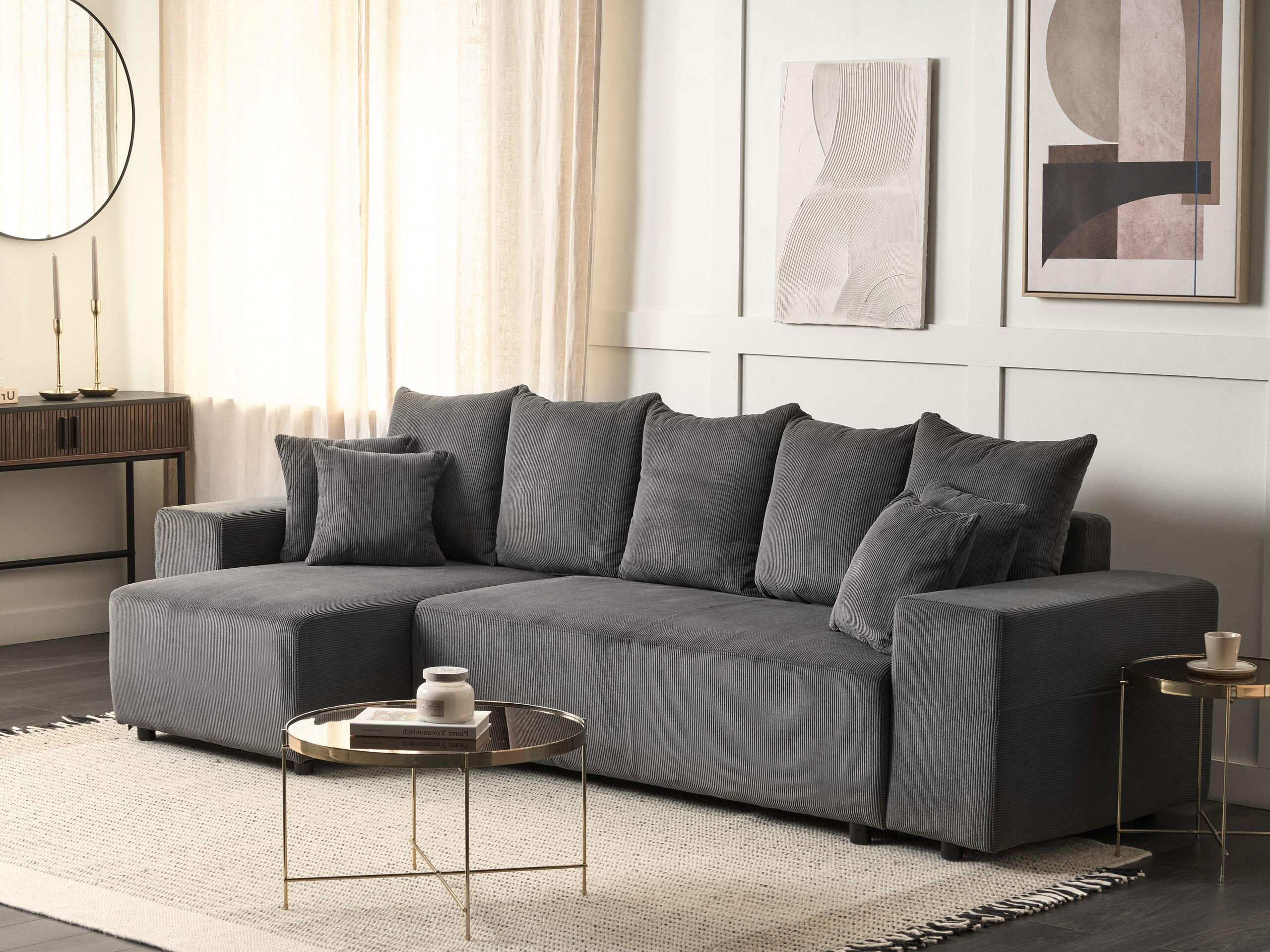 3-SITZER-ECKSOFA Cord dunkelgrau linksseitig mit Schlaffunktion Stauraum Luspa - Schwarz/Grau, Textil (294/130cm) - Beliani