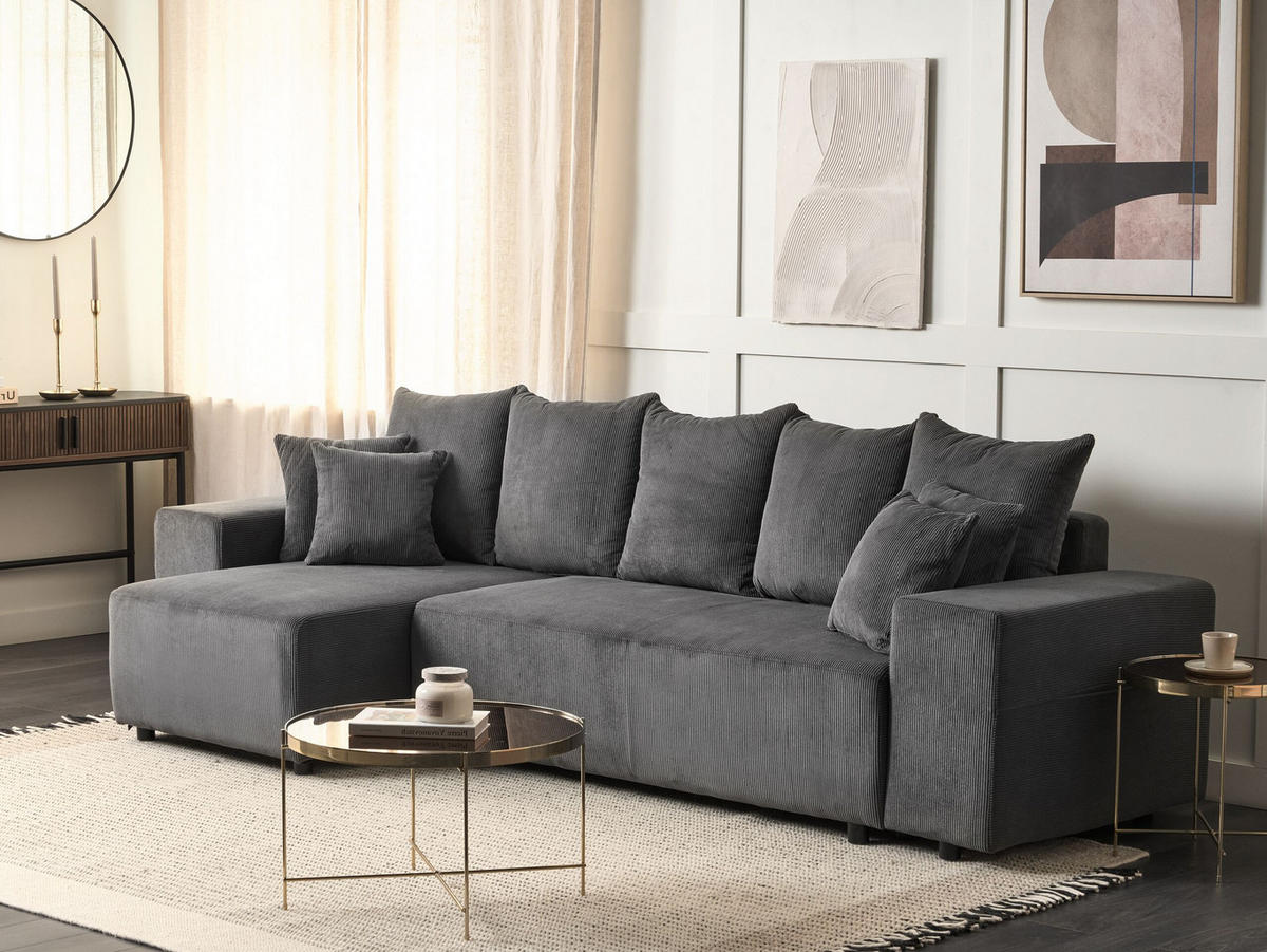 3-SITZER-ECKSOFA Cord dunkelgrau linksseitig mit Schlaffunktion Stauraum Luspa - Schwarz/Grau, Textil (294/130cm) - Beliani