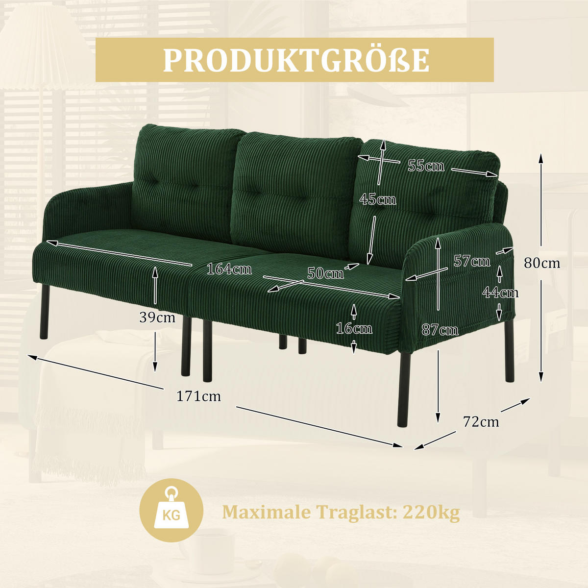 3-SITZER Sofa mit Seitentaschen, Metallgestell & Leinenstoff, 171cm, Grün - Schwarz/Grün, Textil/Metall (171/80/72cm) - LVHOM