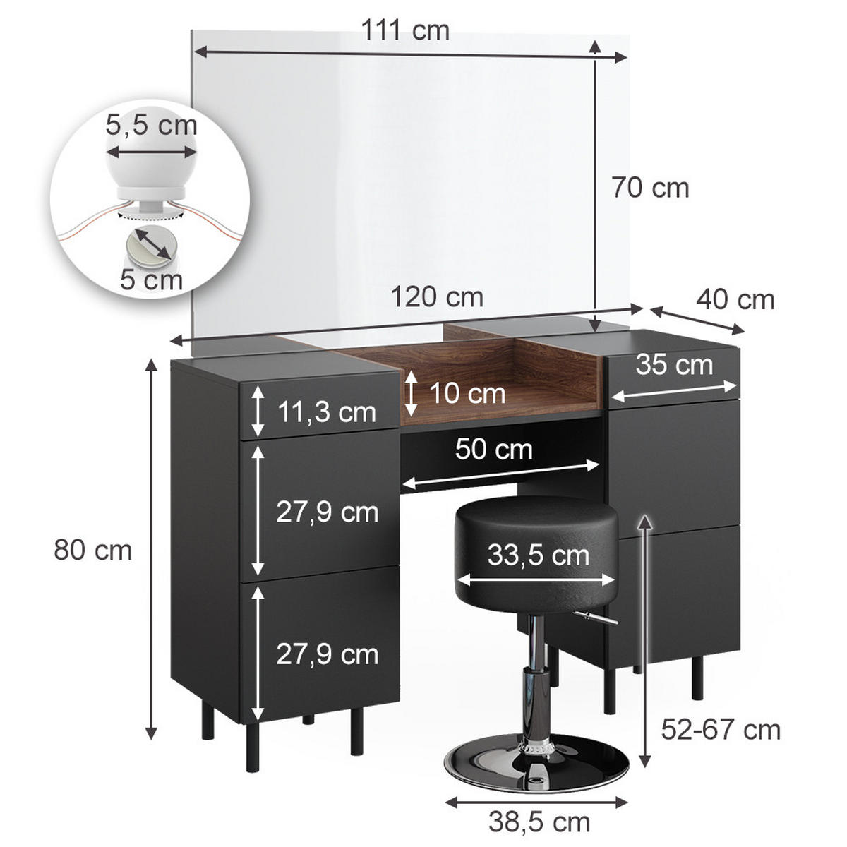 SCHMINKTISCH Anika Anthrazit 120 cm mit LED Beleuchtung und Hocker - Anthrazit/Walnussfarben, Holzwerkstoff (120/80/40cm) - Vicco