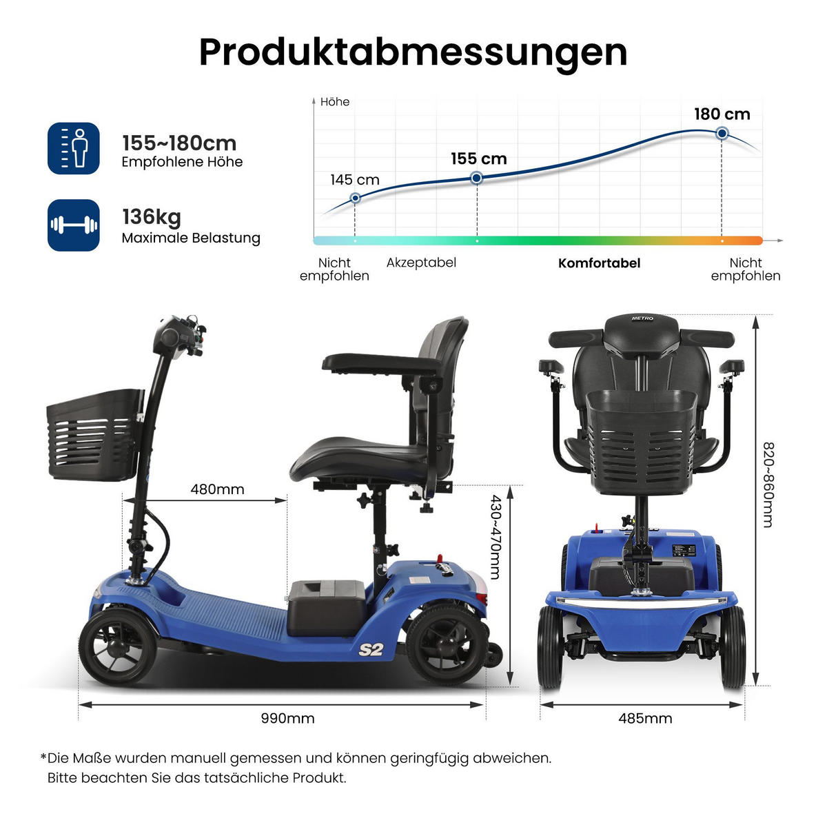 ELEKTROMOBIL mit vier Rädern für Senioren, Tragkraft 136 kg, Geschwindigkeit 6 km/h - Blau, Metall (99.9/82/48.5cm) - Gisaae