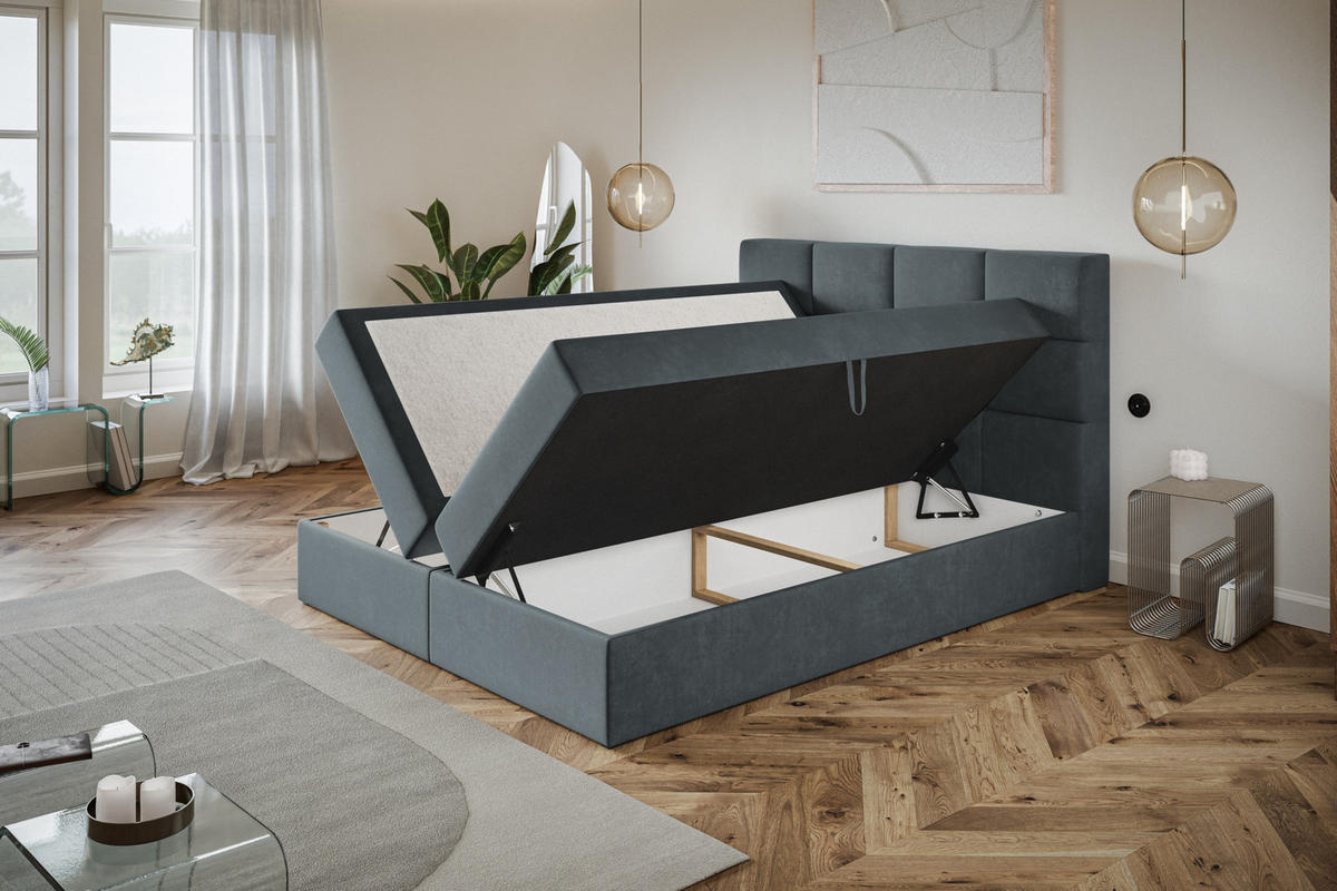 BOXBETT ROMA mit 2 Bettkästen, 160x200, Farbe: Dunkelgrau, Velourstoff, Doppelbett mit Bonell-Matratze - Dunkelgrau, Holz/Kunststoff (160/200cm) - Alpi-Möbel