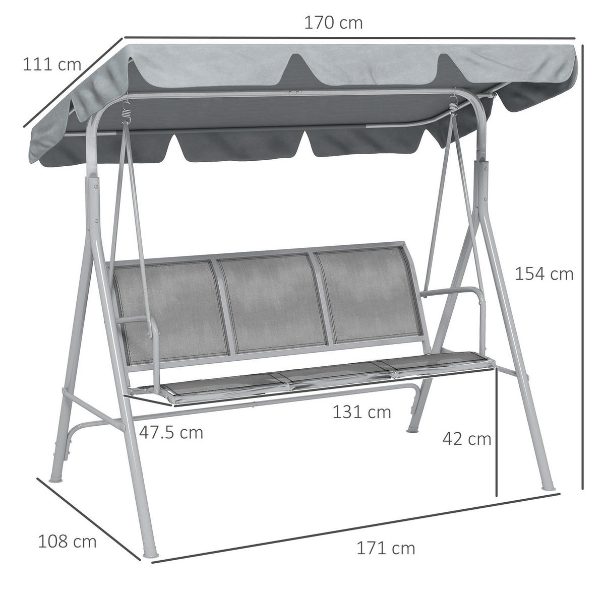 HOLLYWOODSCHAUKEL 170/110/153 cm mit verstellbarem Dach und Stahlrahmen, Grau - Grau, Metall (108/154/171cm) - Redom