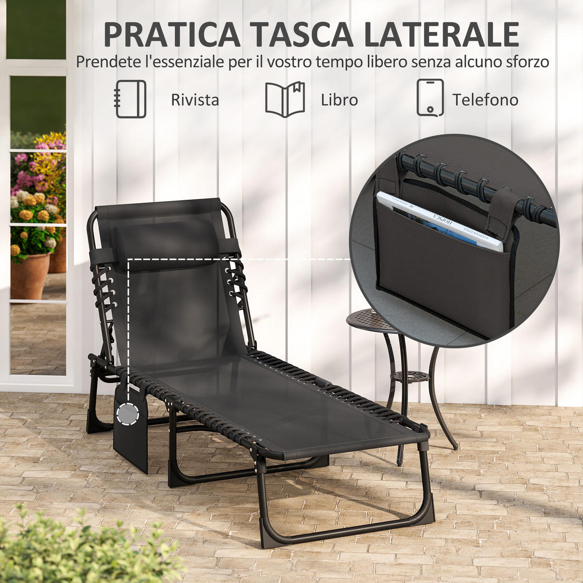 SONNENLIEGE Klappbare Gartenliege mit 5-fach verstellbarer Rückenlehne und Kissen 185 x 58 x 30 cm ,Schwarz - Schwarz, Metall (58/30/189cm) - Vallsero