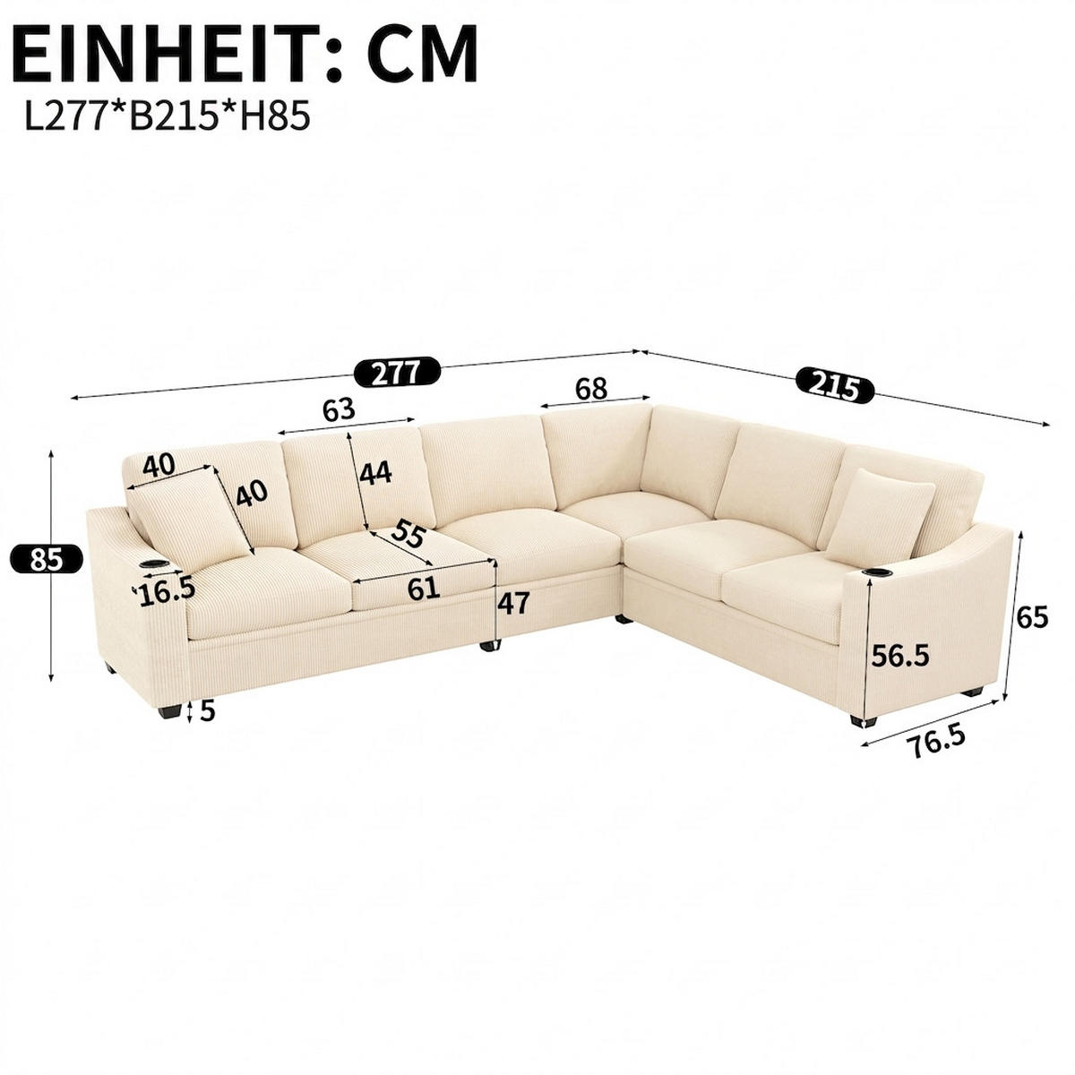 ECKSOFA 277/215/85 cm Beige mit USB/Type-C-Schnellladeanschluss und 2 Getränkehaltern - Beige, Textil (277/215cm) - Oxeza