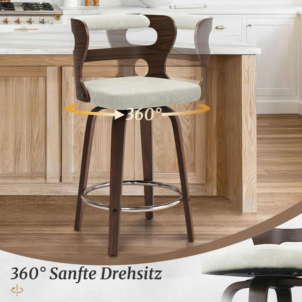 BARHOCKER 2er Set mit Lehne und Armlehnen 66 cm Hoch Holz Kunstleder Beige+Dark Walnut - Beige, Holz (54/94/94cm)