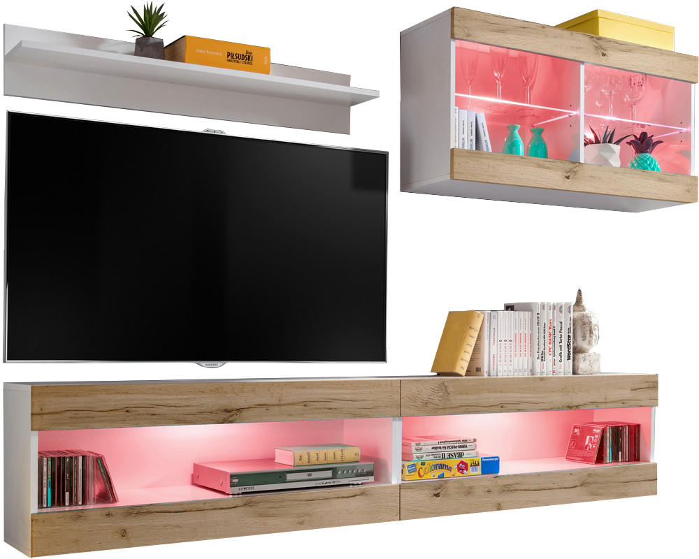 WOHNWAND 4-er Set, TIVOLI SET6 mit mehrfarbige LED RGB Beleuchtung Weiß + Wotan, Offener Raum - Eiche Wotan, Glas/Holzwerkstoff (240/195/35cm) - Komodee
