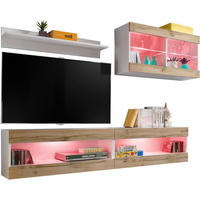 WOHNWAND 4-er Set, TIVOLI SET6 mit mehrfarbige LED RGB Beleuchtung Weiß + Wotan, Offener Raum - Eiche Wotan, Glas/Holzwerkstoff (240/195/35cm) - Komodee