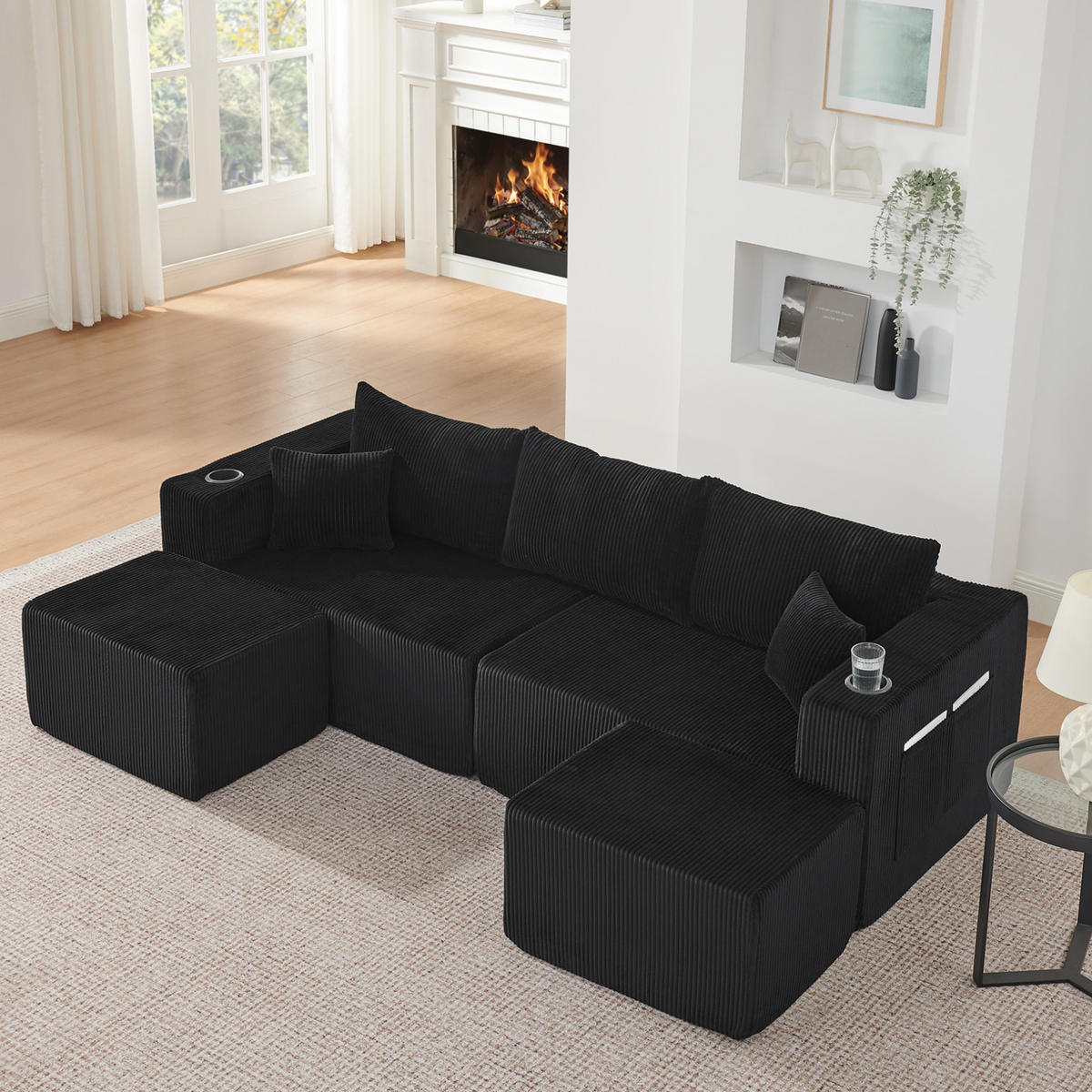 SOFA modular 3-Sitzer Cord Black mit 2 beweglichen Ottomanen - Schwarz, Kunststoff (230/75/138cm) - IVMEU