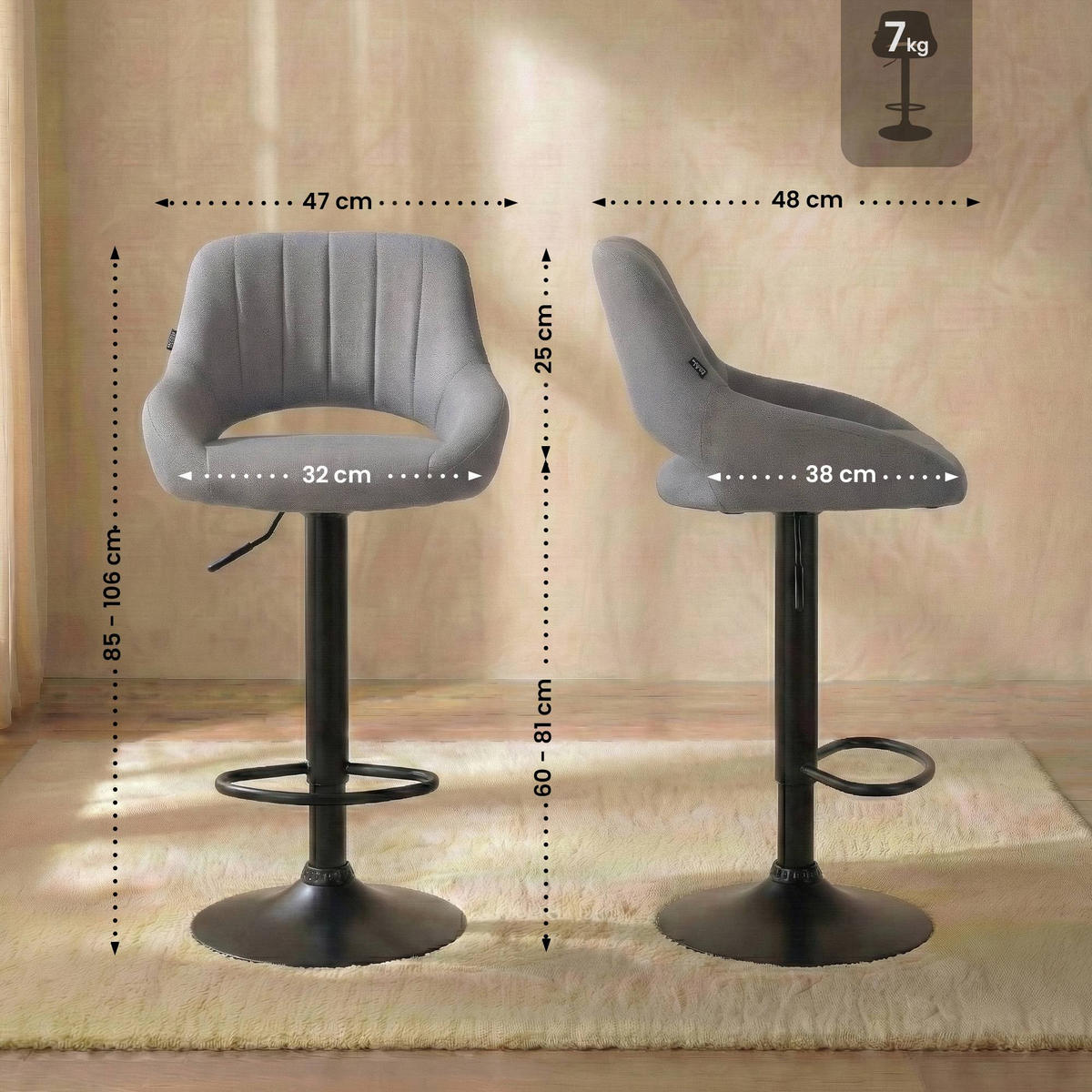 BARHOCKER Stoff Grau - Schwarz/Grau, Textil/Metall (47/85/48cm) - CLP