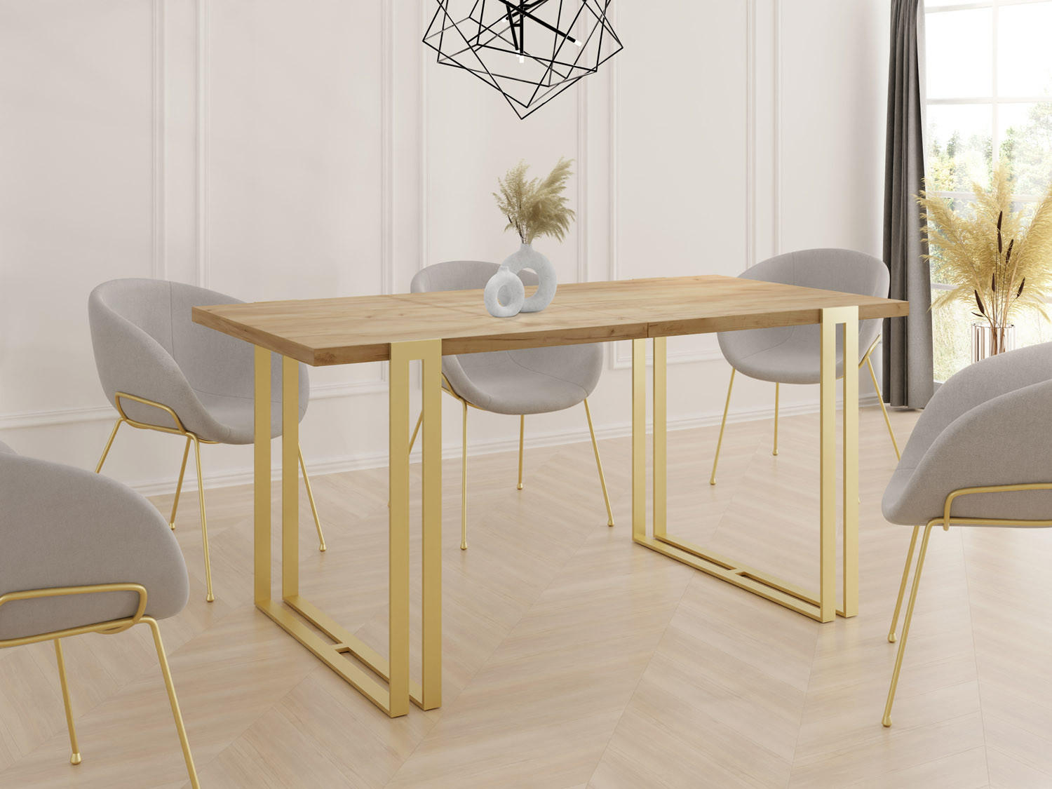 ESSTISCH Stella rechteckig ausziehbar, Craft Eiche 140-260/80/76 cm - Eiche Wotan/Goldfarben, Holzwerkstoff/Metall (140/80/76cm) - WFL GROUP