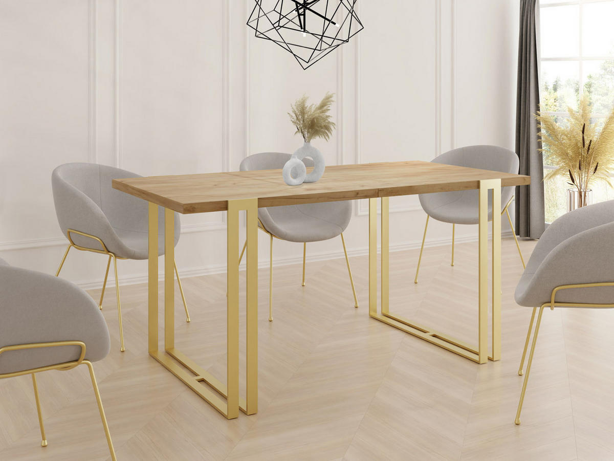 ESSTISCH Stella rechteckig ausziehbar, Craft Eiche 140-260/80/76 cm - Eiche Wotan/Goldfarben, Holzwerkstoff/Metall (140/80/76cm) - WFL GROUP