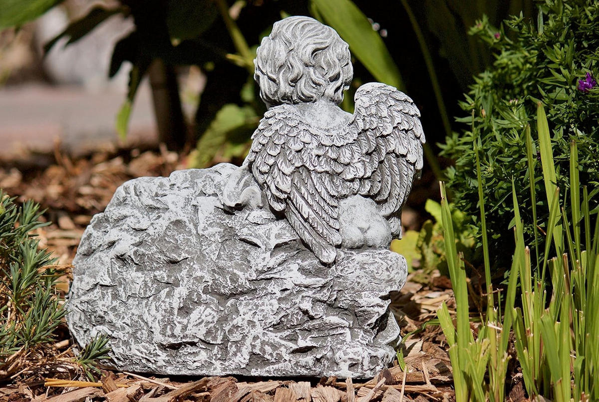 STEINFIGUR Engel am Fels mit Trauerspruch, massiver Steinguss, frostfest - Grau, Stein (26/26/9cm) - stoneandstyle